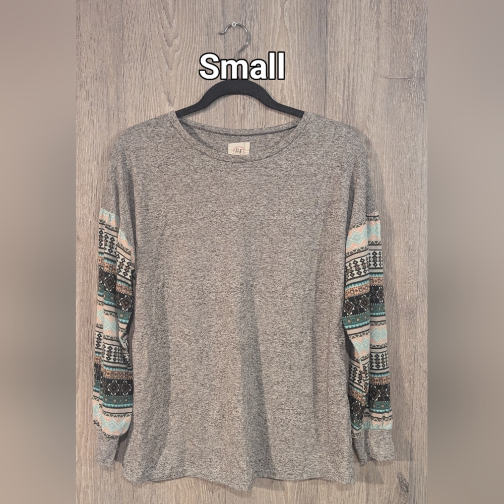 Grace & Lace Gray Long Sleeve Tee with Patterned Aztec Sleeves